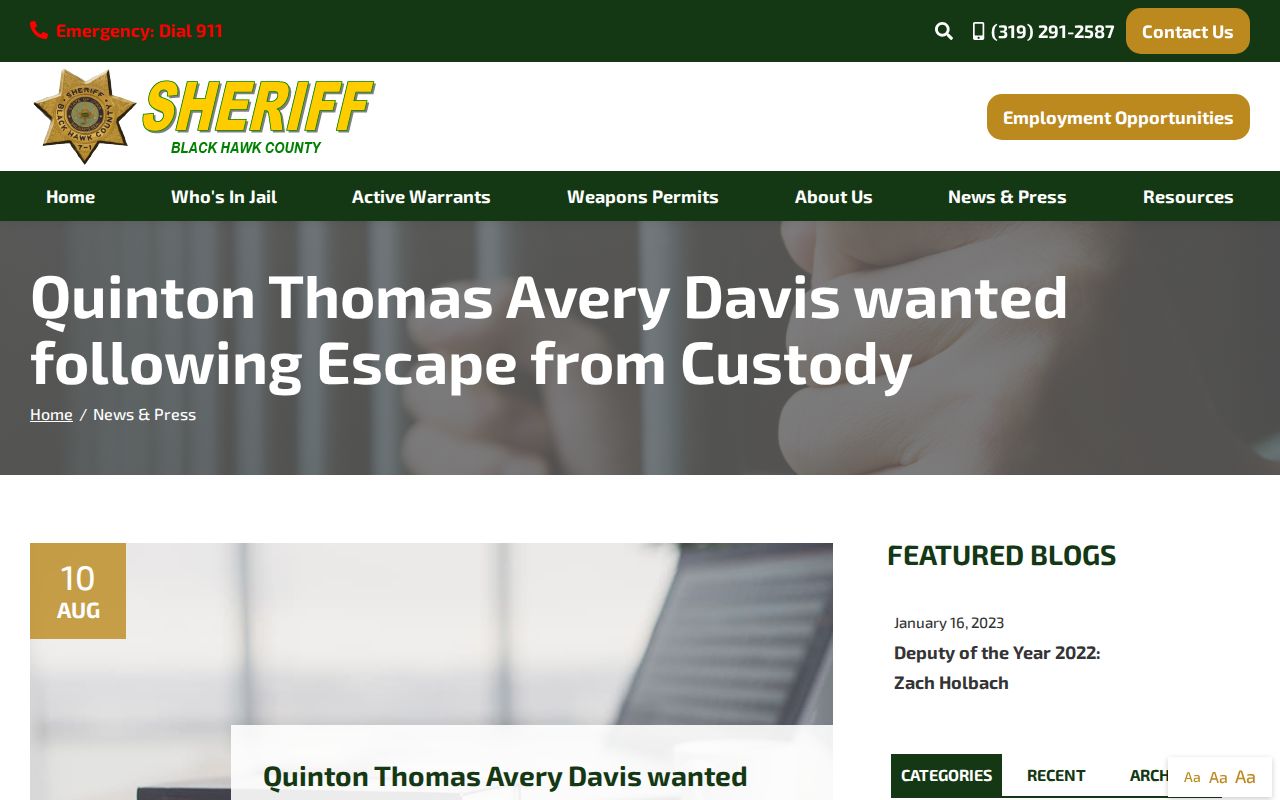 Black Hawk County Sheriff official arrest news and press page