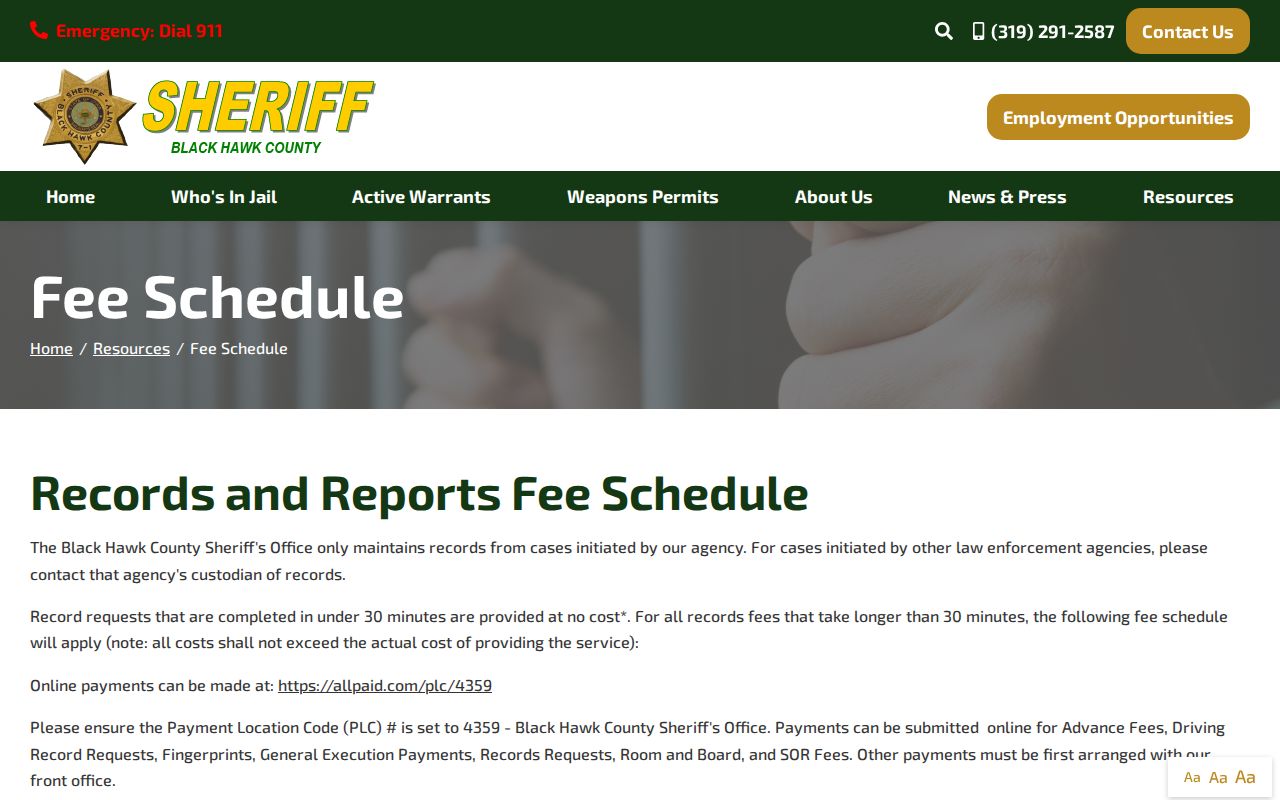 Black Hawk County mugshot copy fee for booking records