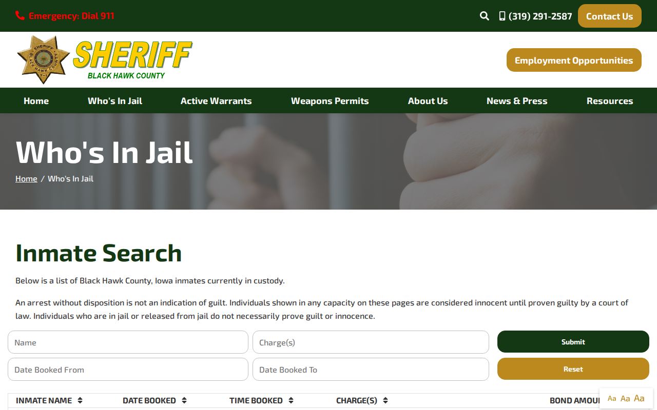 Black Hawk County current jail roster booking search without mugshots