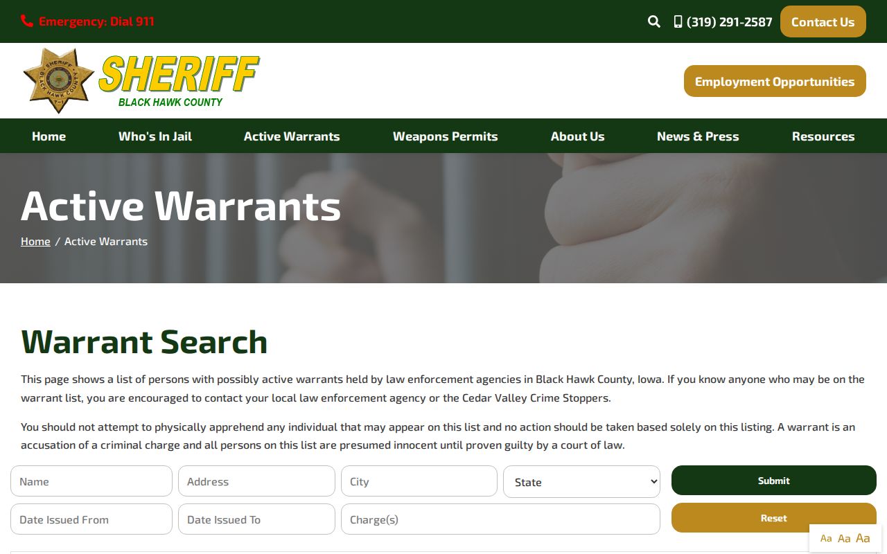 Black Hawk County active warrant official search form