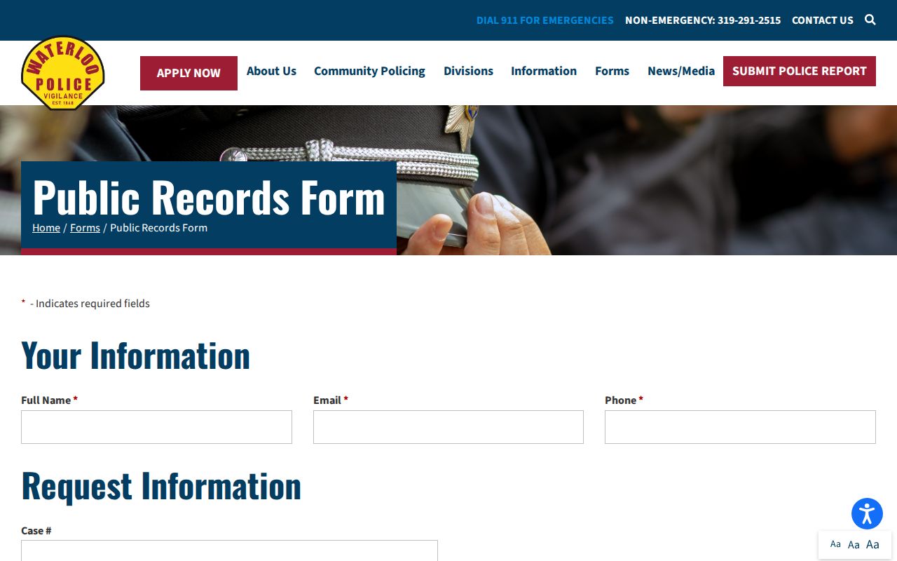 Waterloo Police public records form for arrest records